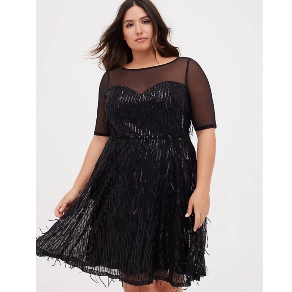 Torrid size 26 ILLUSION SLEEVE SKATER DRESS SEQUIN FRINGE BLACK